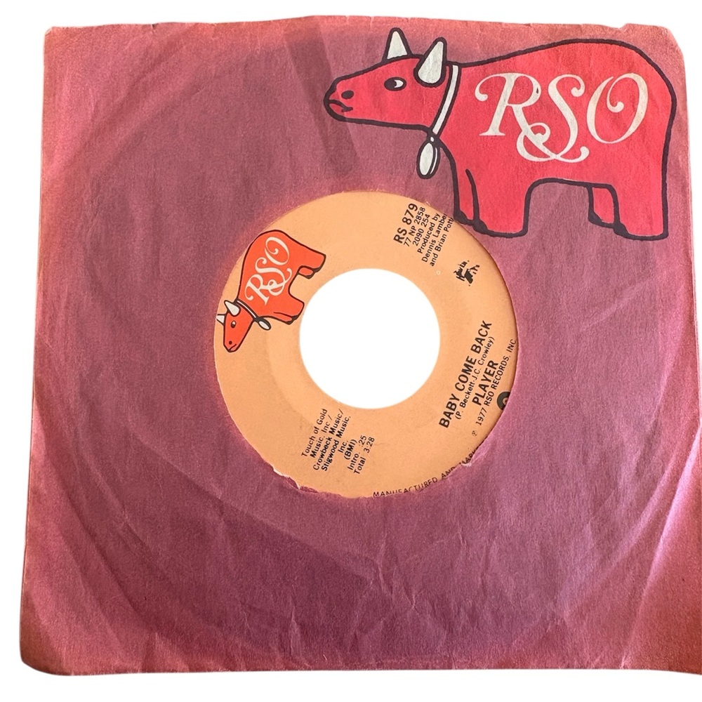 RSO Vinyl Record with Sleeve 45 Player Baby Come Back 1977 single